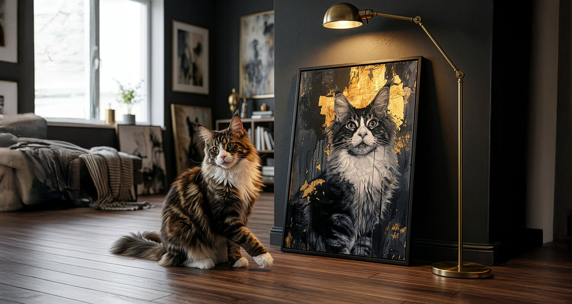 Portrait Golden Mixed Media d'un chat en situation dans un salon