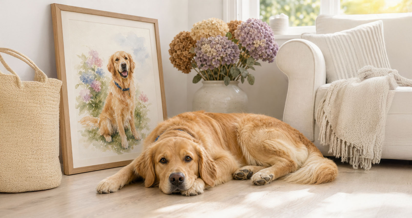 Portrait Watercolor d'un Golden Retriever en situation